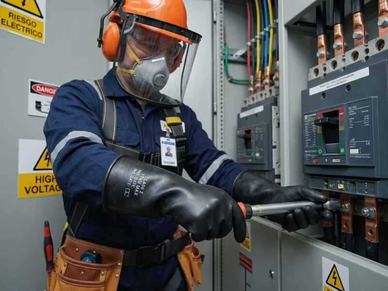 trabajador usando los guantes de protección industrial